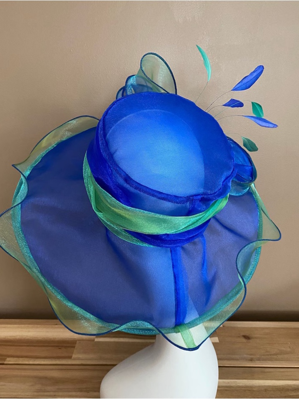 NWT SHIPS TODAY! Derby hat wide brim organza royal blue and green with bow - Picture 4 of 4